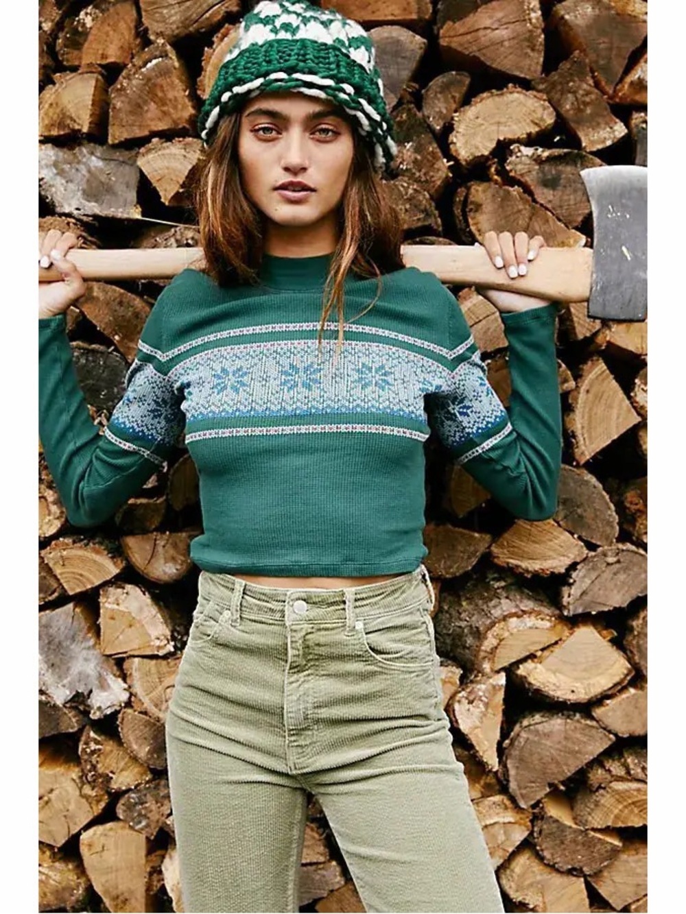 Daydreamer Free People Snowflake Ski Mock Neck Green Thermal Long Sleeve Sz S
